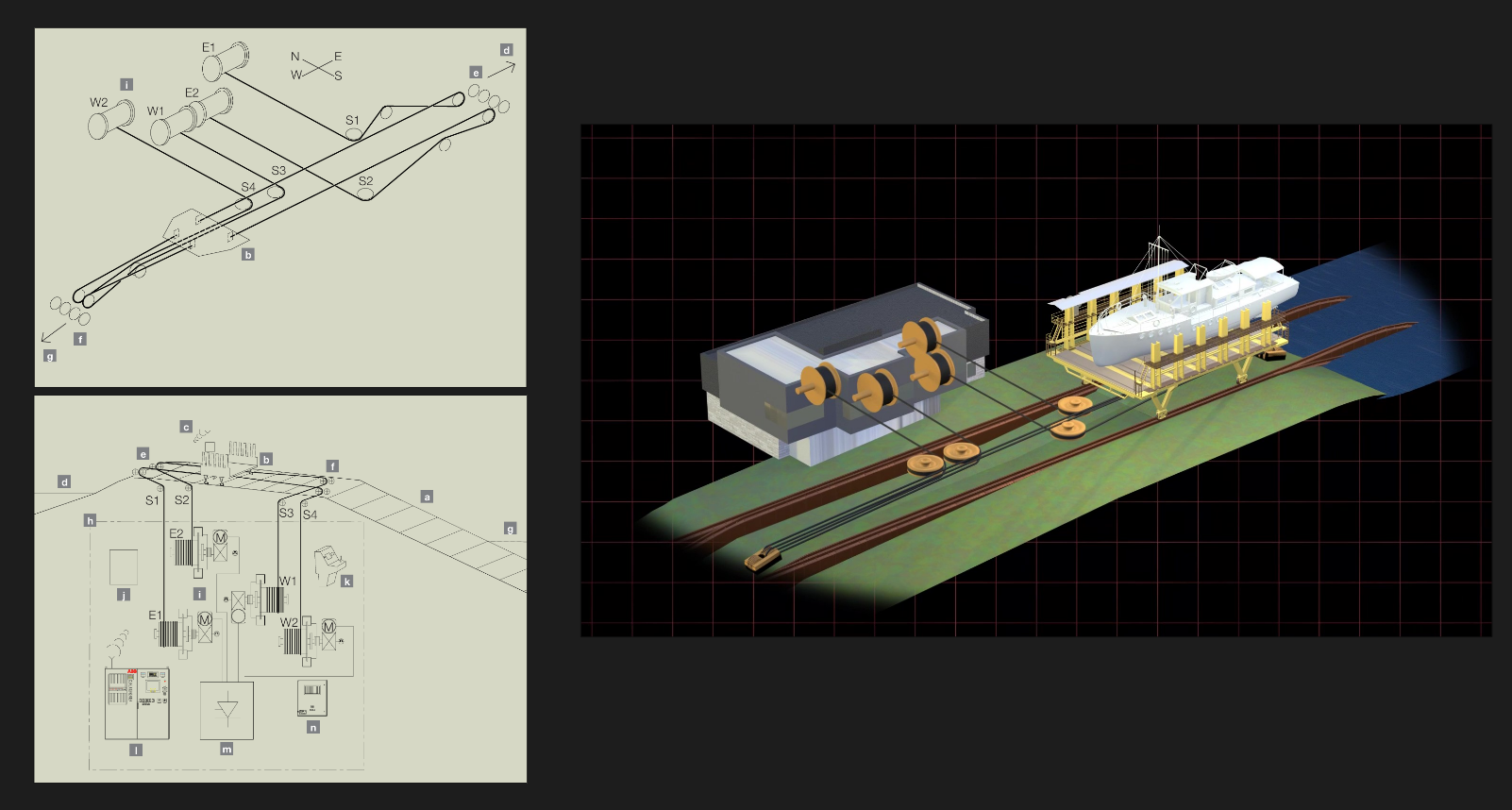 Before and after: original engineering diagrams next to the final 3D visualization
